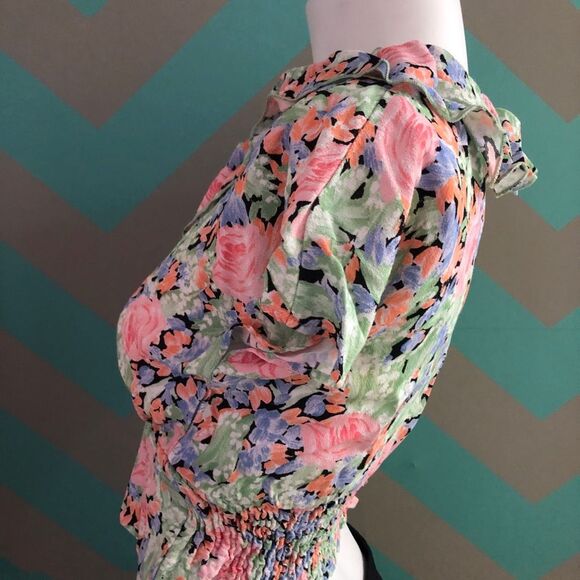 Zara Floral Green & Pink Blouse Elasticated Top Small - Picture 4 of 8